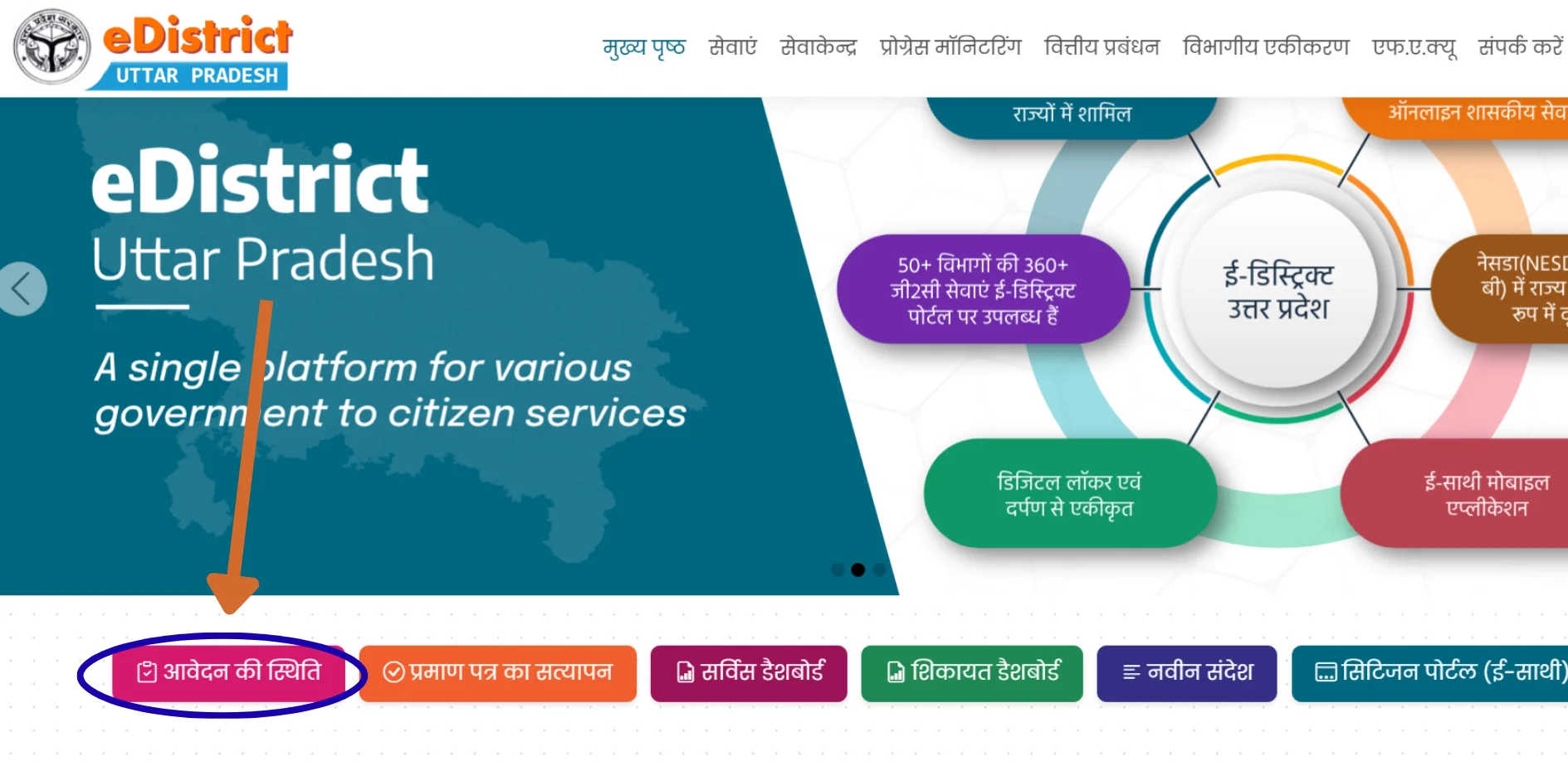 eDistrict UP स्टेटस चेक स्टेप 1 — edistrict.up.gov.in खोलें